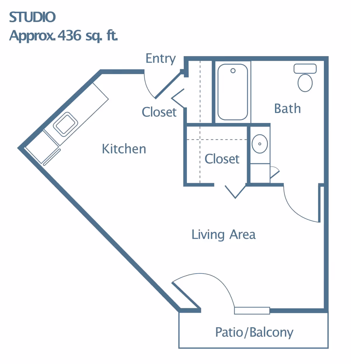 Floor plan of a studio apartment approximately 436 square feet, showing an entry, kitchen, closet, bath with bathtub and toilet, living area, and a patio/balcony.