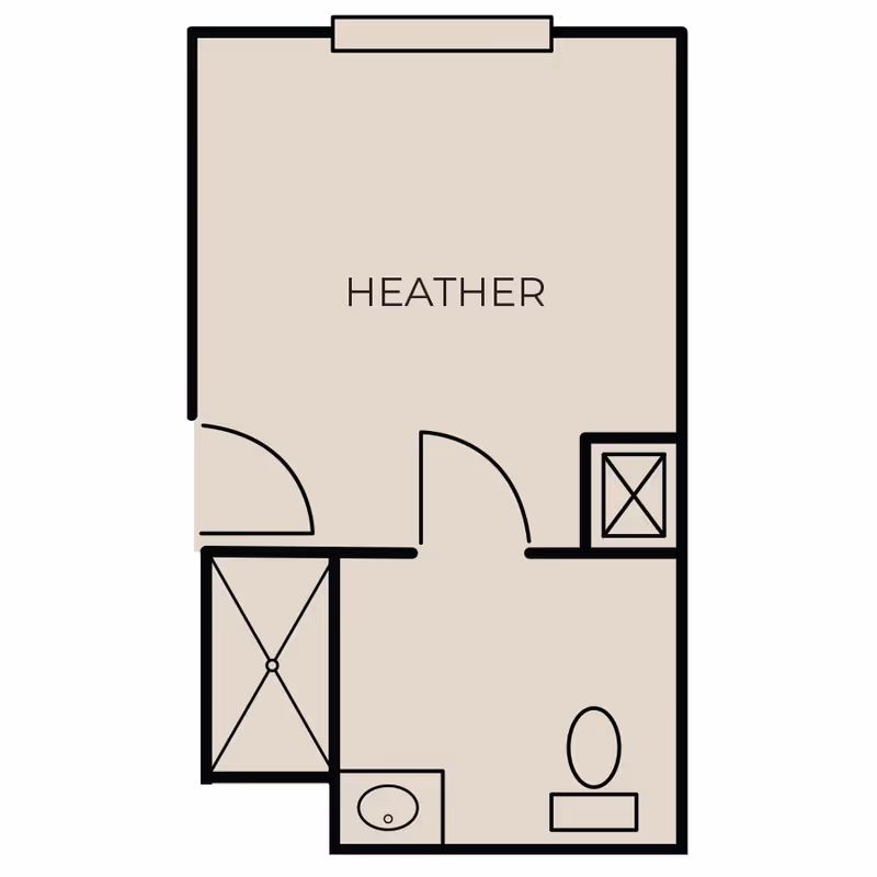 Floor plan labeled Heather showing a layout with a main room, a bathroom with a toilet, sink, and shower area.