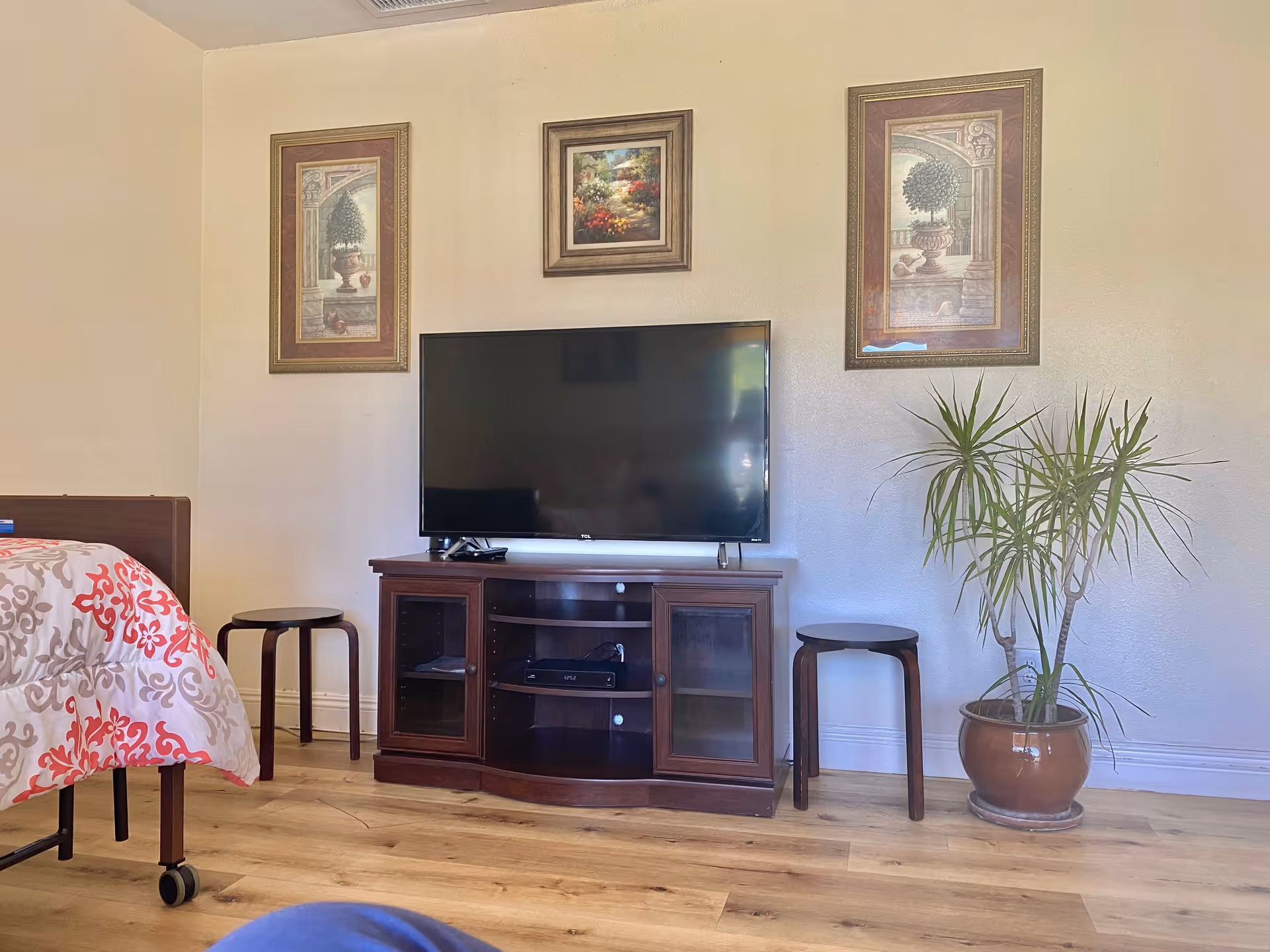 A bedroom interior with a TV on a wooden stand, framed pictures on the wall, a potted plant, two stools, and part of a bed with patterned bedding.