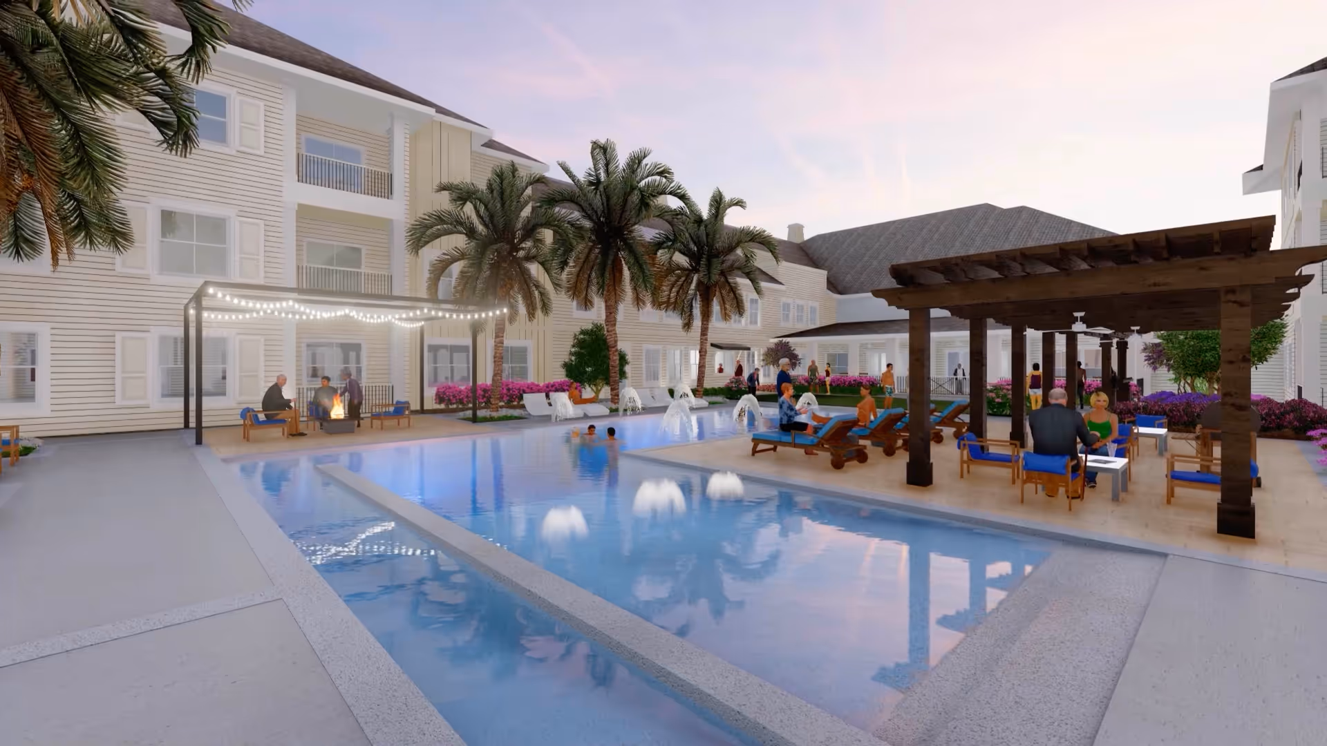 Outdoor pool area at The Claiborne at Brickyard Crossing with palm trees, lounge chairs, a pergola with seating, people relaxing, and a fire pit under string lights near a multi-story building.
