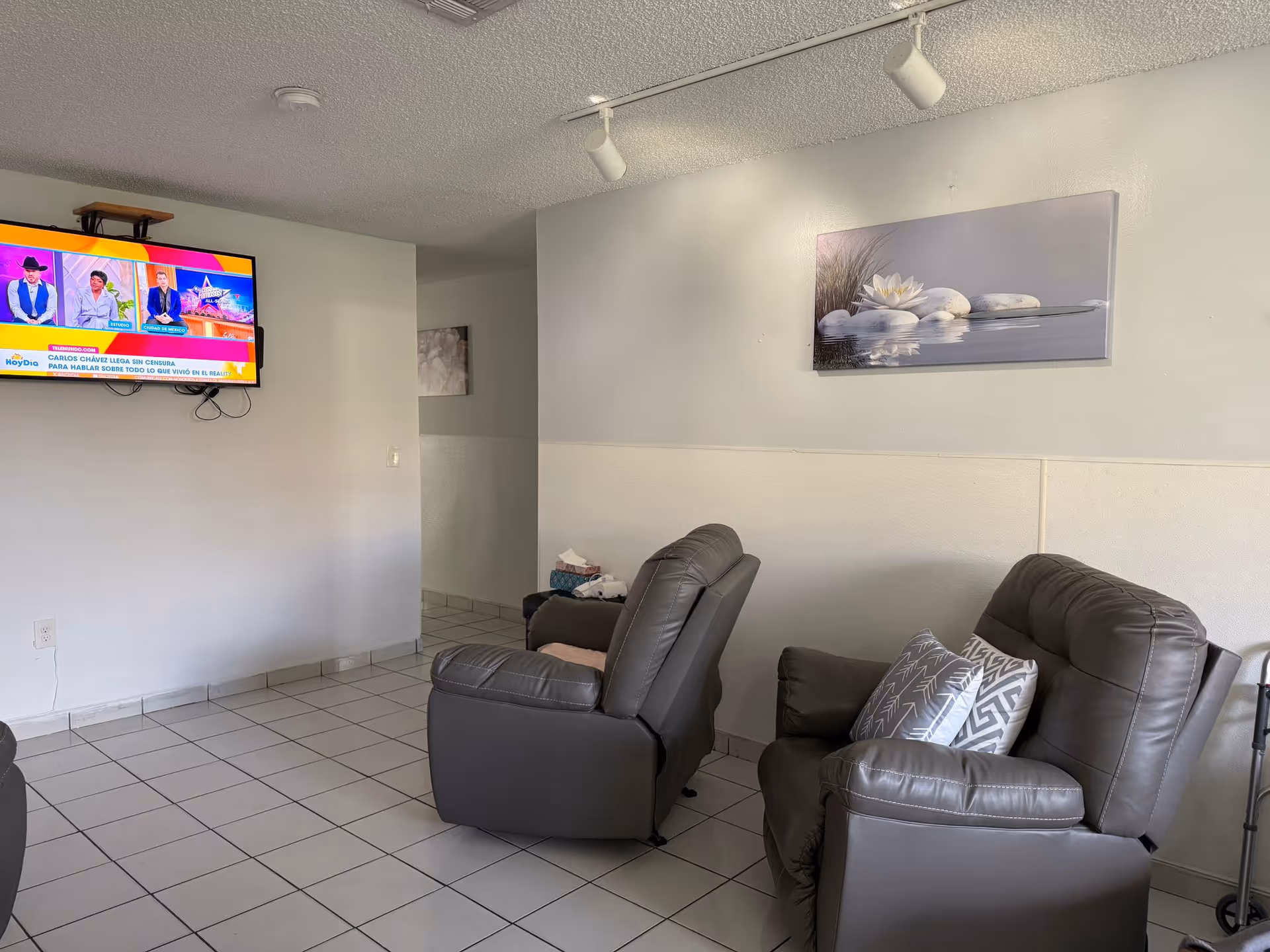A small living room area with two gray recliner chairs, each with decorative pillows. A flat-screen TV is mounted on the wall showing a colorful program with three people. The walls are light-colored with a framed picture of white stones and a flower hanging above the chairs. The floor is tiled with white tiles.