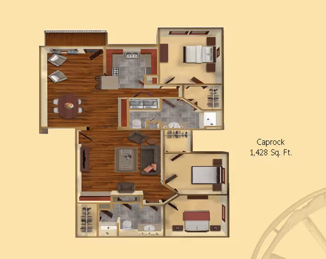 Top-down floor plan of a senior living apartment named Caprock, 1,428 square feet, showing three bedrooms, two bathrooms, a kitchen, a dining area, and a living room.