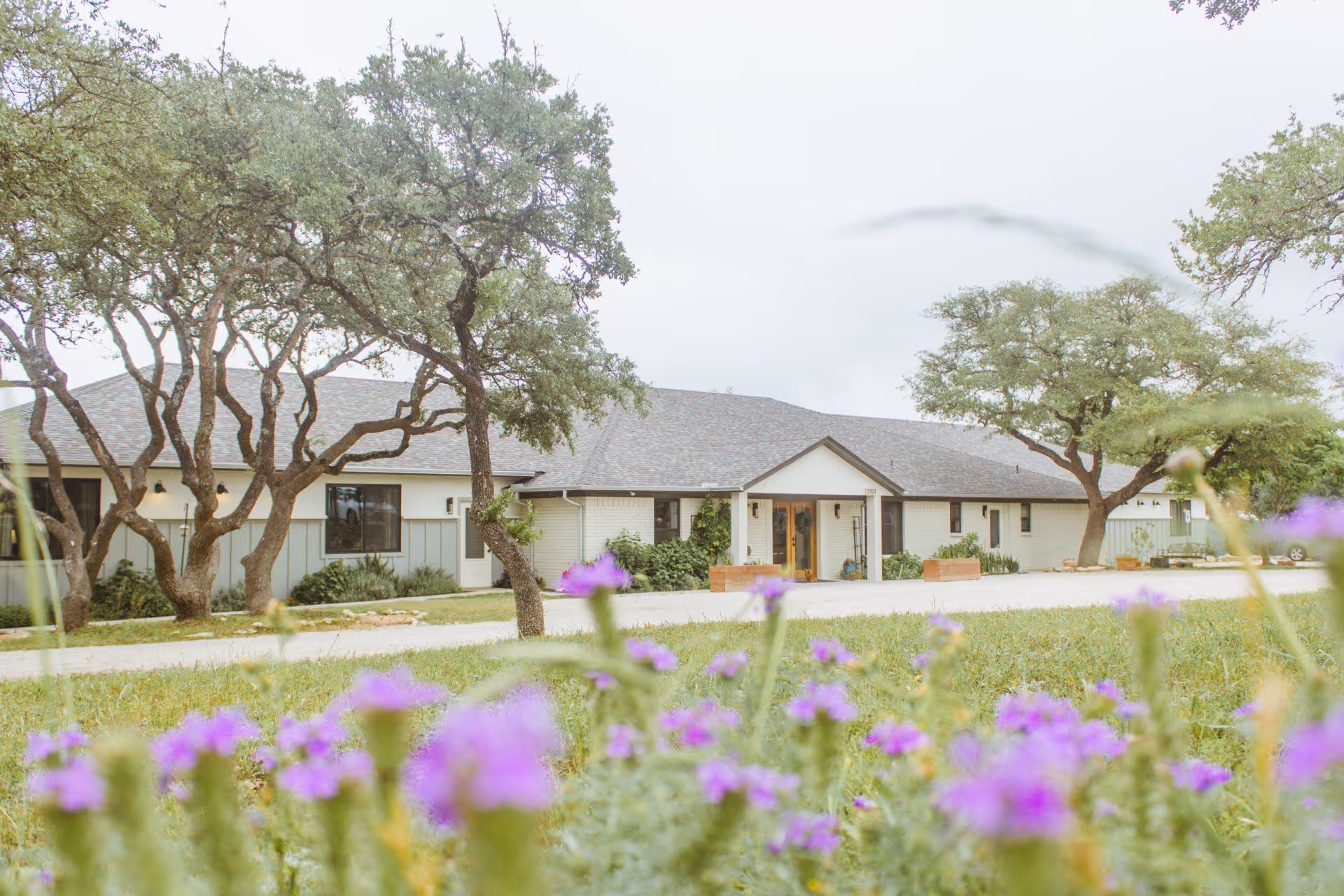 Single-story assisted living building frontage with trees and purple flowers in the foreground.