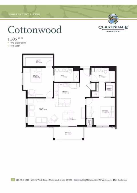 Floor plan layout of the Cottonwood apartment at Clarendale of Mokena showing a two-bedroom, two-bath unit with a living room, dining area, kitchen, walk-in closets, and a balcony.