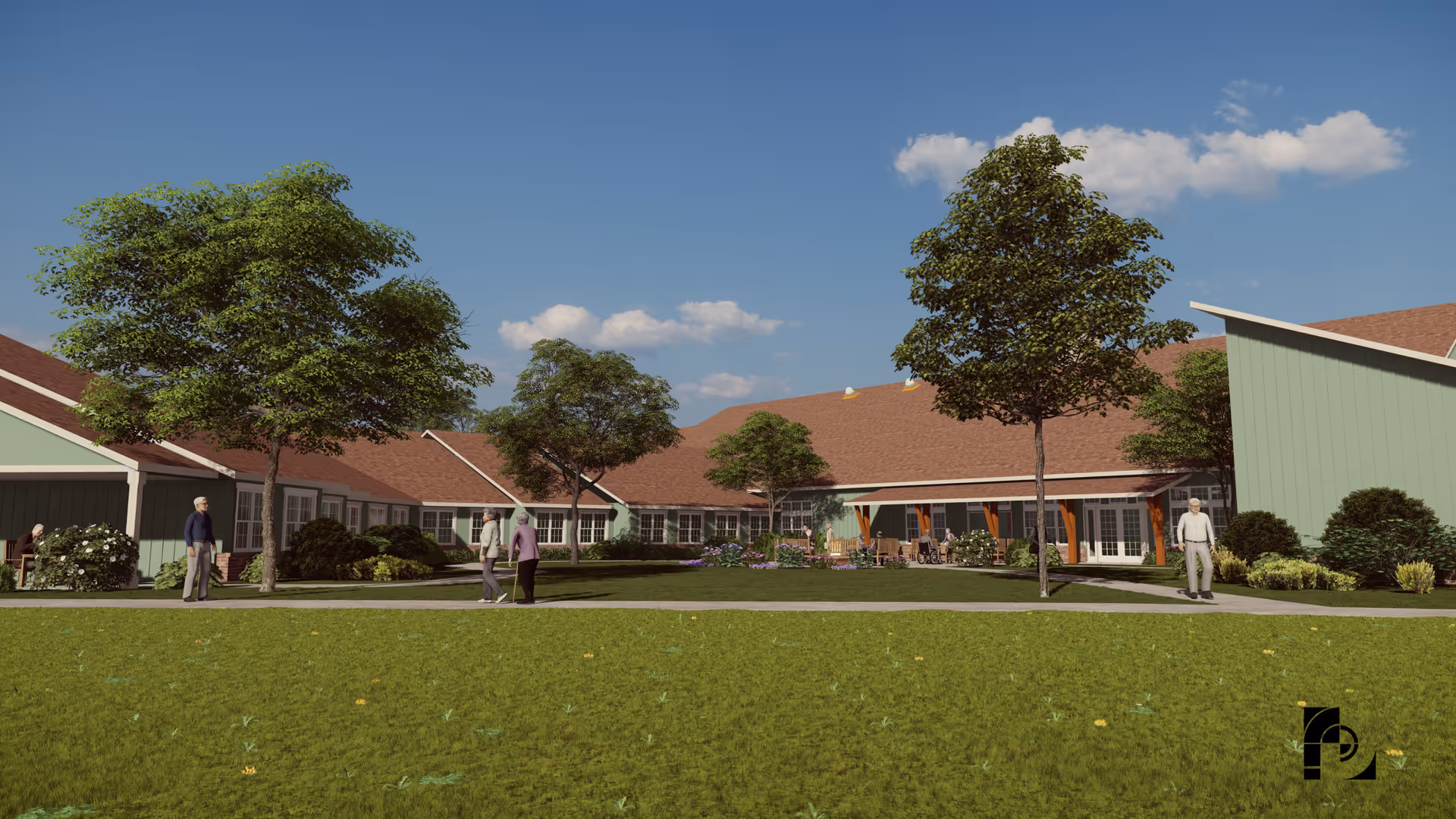 Outdoor courtyard area of a senior living facility with green grass, several trees, and a pathway. The building has green siding and brown roofs. Several elderly people are walking or sitting on benches along the pathway under a blue sky with some clouds.