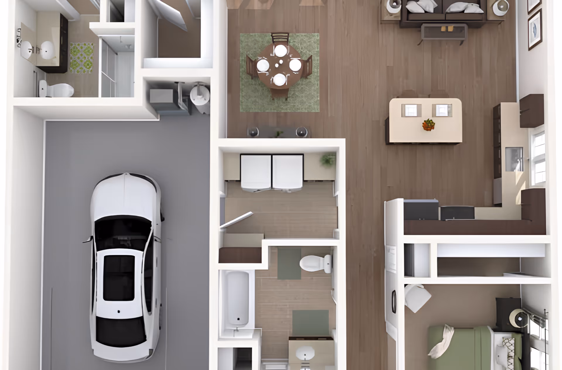 Top-down rendered floor plan showing a garage with a car, kitchen, dining and living areas, bedroom, bathrooms, and laundry.