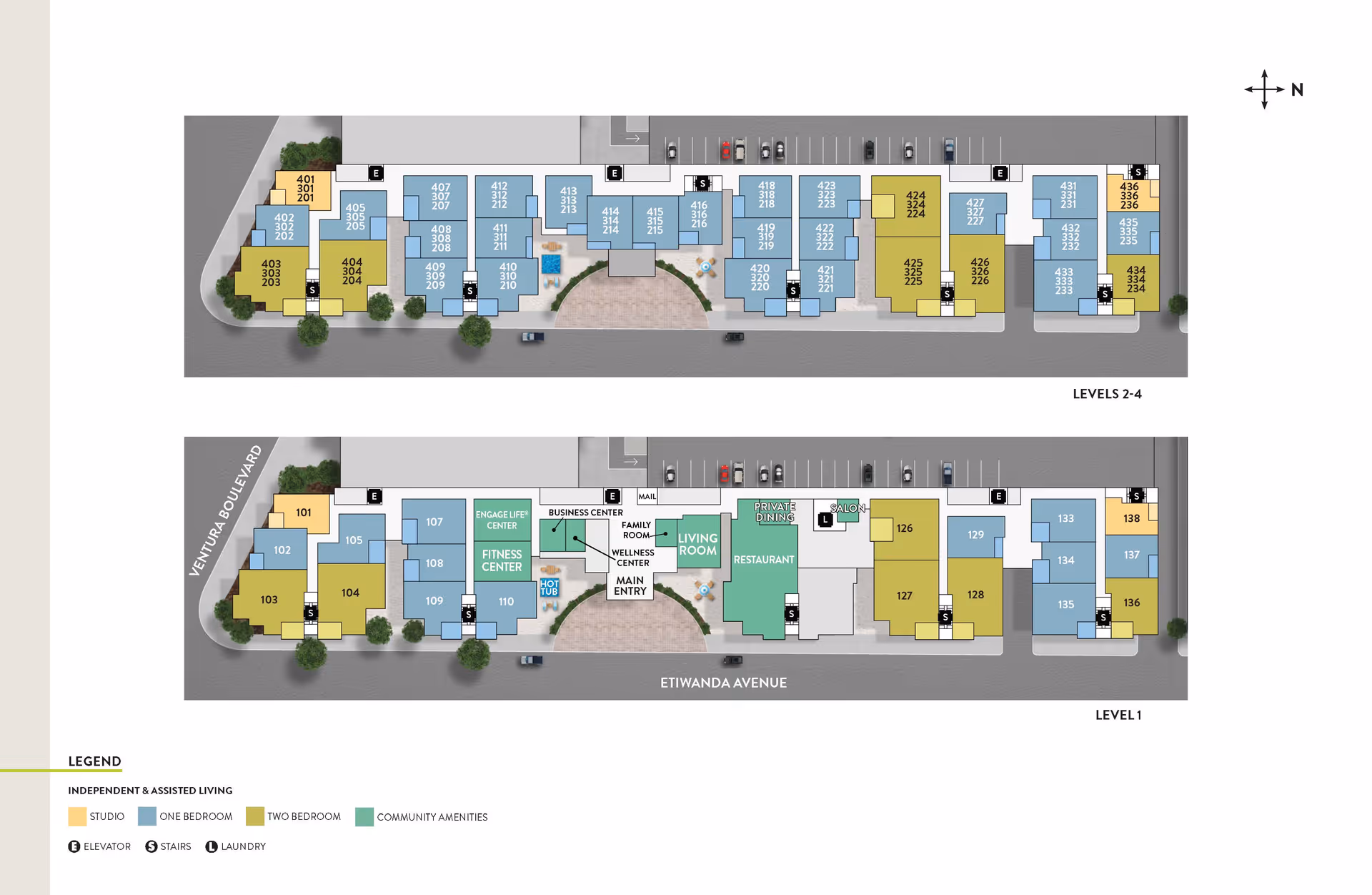 Floor plan layout of Atria Tarzana senior living facility showing levels 1 and 2-4. Level 1 includes community amenities such as a fitness center, engage life center, business center, family room, wellness center, living room, restaurant, private dining, and salon. Levels 2-4 show various apartment units categorized as studio, one bedroom, and two bedroom. The plan also indicates locations of elevators, stairs, and laundry rooms.