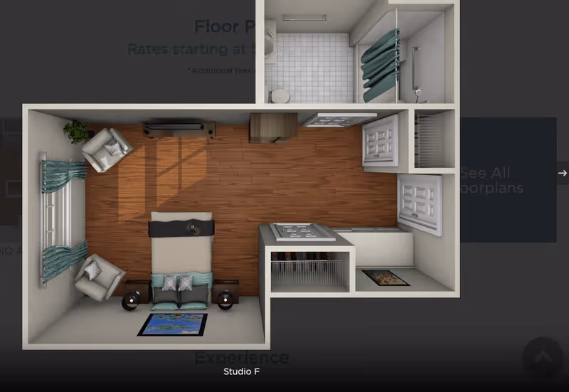 Top-down view of a studio apartment floor plan featuring a bedroom area with a bed, two armchairs, a TV on a stand, a closet, and a bathroom with a toilet, sink, and shower.