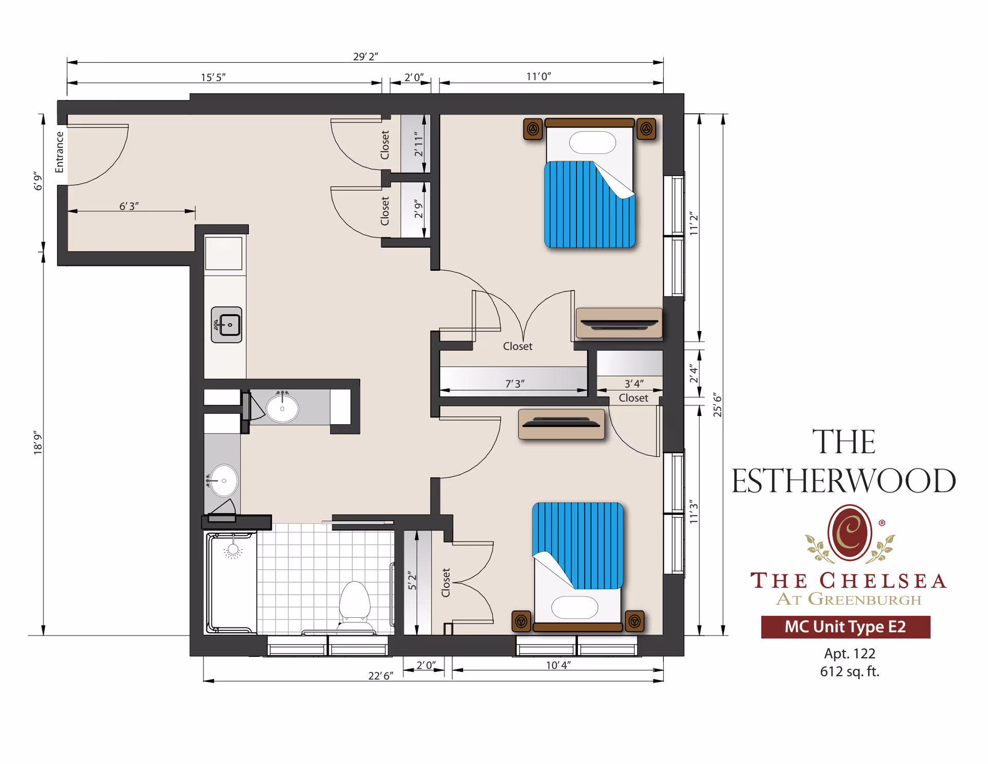 Floor plan of The Estherwood apartment at The Chelsea at Greenburgh, showing a layout with two bedrooms, a bathroom, closets, kitchen area, and entrance. The plan includes measurements for each section and labels for closets and rooms.