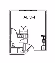 Architectural floor plan of a small apartment or room layout showing a bathroom with a toilet and sink, a small kitchen area, and an open living space labeled AL S-1.