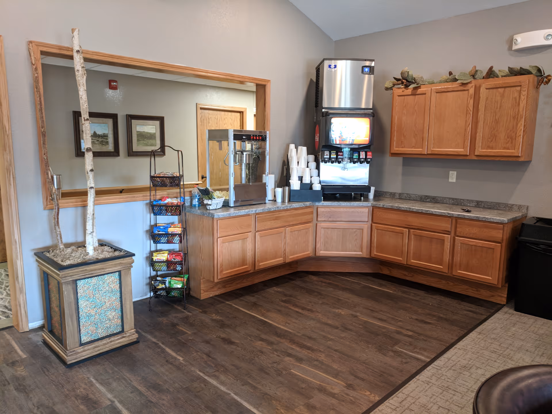 A refreshment area with a soda fountain machine, a popcorn machine, and a rack filled with various snack bags. There are wooden cabinets below and above the countertop, a large mirror on the wall, and a decorative planter with two tall birch branches. The floor is a combination of wood and carpet.
