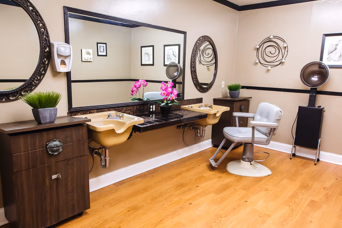 Interior view of a salon area with two beige sinks mounted on a dark tiled counter, a large rectangular mirror above the sinks, two round decorative mirrors on the walls, a salon chair, a hair dryer, and decorative plants and wall art.