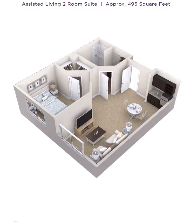 3D floor plan rendering of an assisted living one-bedroom suite showing a bedroom, bathroom, living area, dining nook, and kitchenette.
