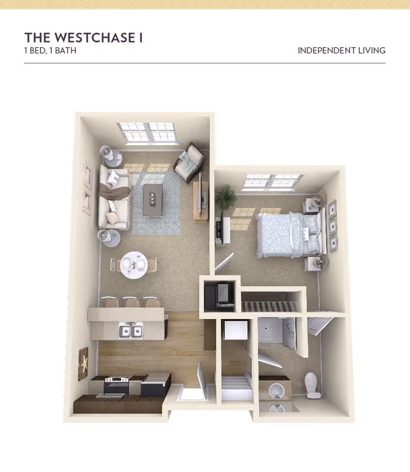 3D floor plan of a one-bedroom, one-bathroom independent living apartment named The Westchase I. The layout includes a bedroom with a bed and nightstands, a bathroom with a shower, sink, and toilet, a kitchen area with appliances and a sink, and a living room with a sofa, armchair, coffee table, TV, and a small dining table with chairs.