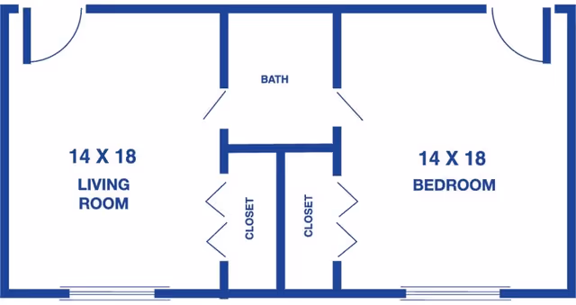 Floor plan of a living space at Rolla Presbyterian Manor showing a 14 by 18 feet living room on the left, a 14 by 18 feet bedroom on the right, a bathroom in the center, and two closets between the living room and bedroom.