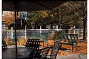 Outdoor patio with a metal table and chairs, a green bench swing, white picket fence, and trees with fallen leaves.