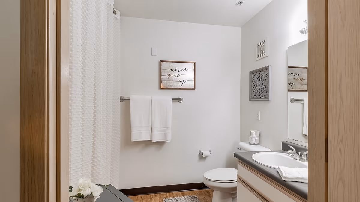 Neutral-toned bathroom with a sink vanity, mirror, toilet, towel rack, and a white shower curtain.