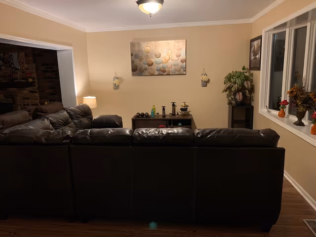A cozy living room with a large black leather sectional sofa facing a beige wall. On the wall, there is a decorative abstract painting and two small hanging candle holders. Below the painting is a small console table with decorative items. To the right, there is a window sill with several small vases containing flowers and a tall plant on a stand next to the window. The room has wooden flooring and warm lighting.