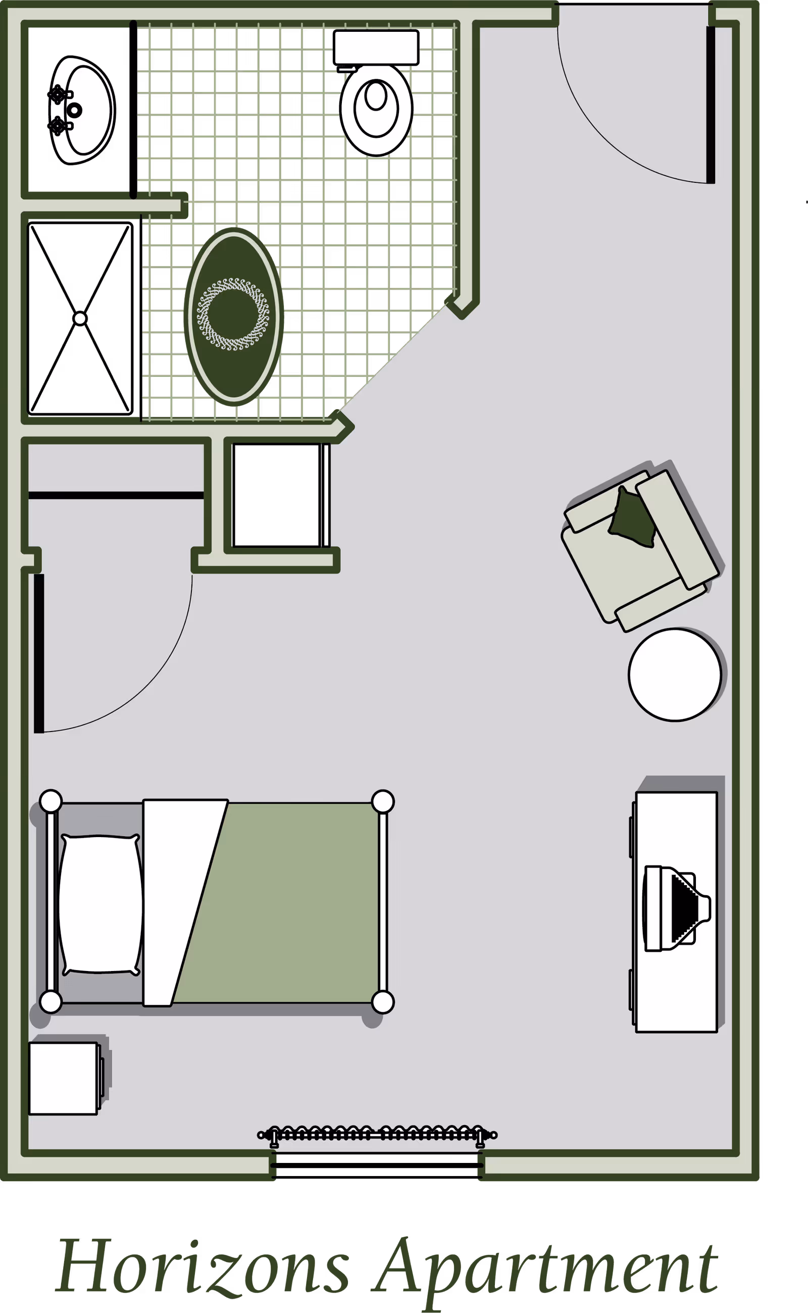 Floor plan of a Horizons Apartment at Oaks at Post Road showing a bedroom with a bed, nightstand, and dresser with a TV, a sitting area with a chair and small round table, and a bathroom with a sink, toilet, and shower.