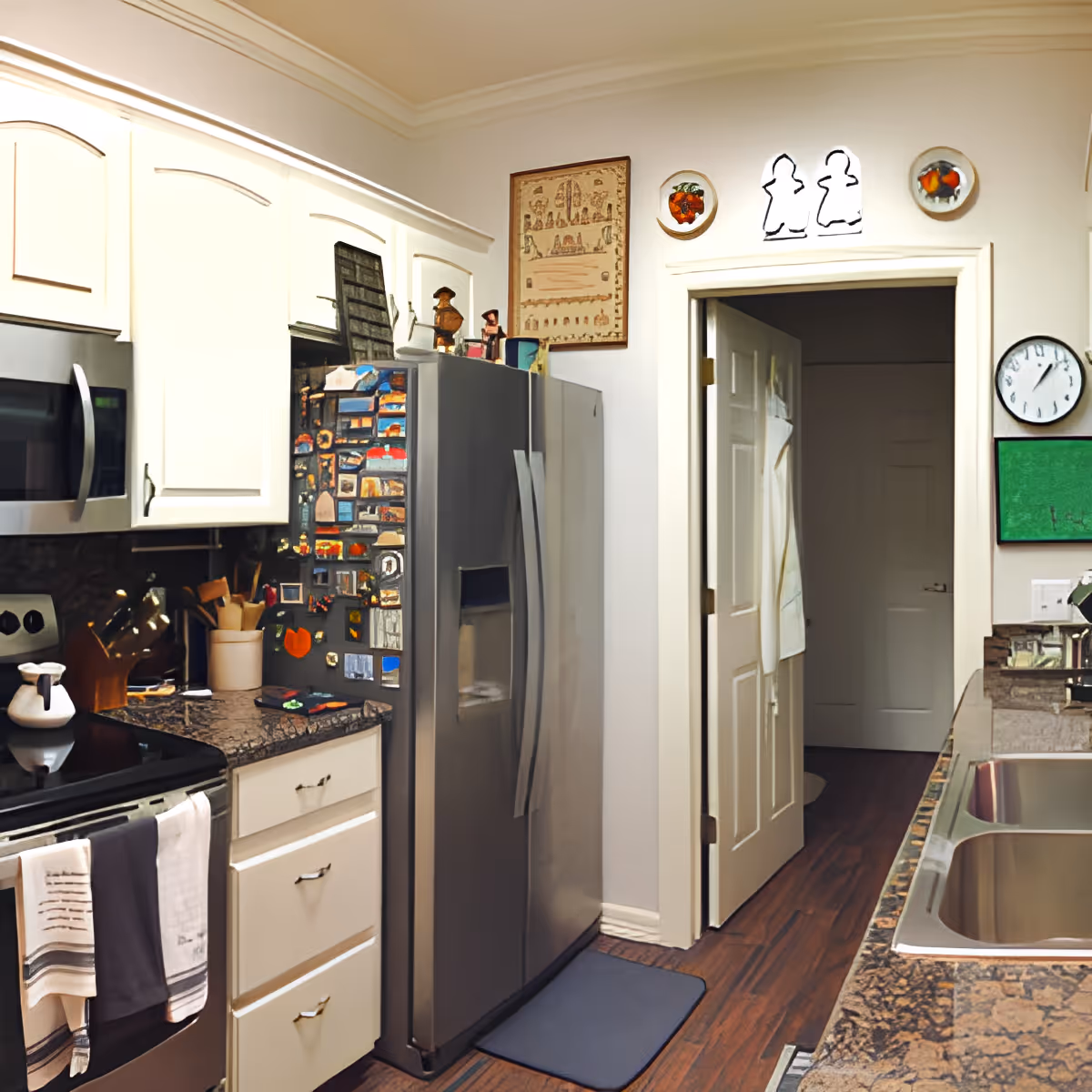A modern kitchen with white cabinets, a stainless steel refrigerator covered with magnets, a stove with towels hanging on the handle, a microwave above the stove, a double sink with a granite countertop, and a doorway leading to another room. The kitchen has wooden flooring and decorative plates and artwork on the wall above the doorway.