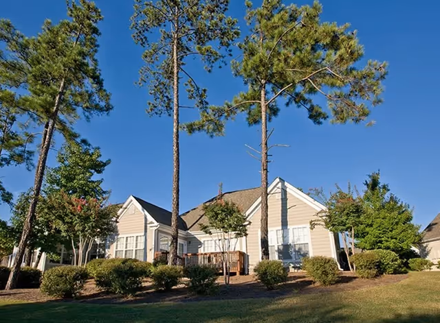 Exterior view of a single-story residential building surrounded by tall pine trees and well-maintained bushes under a clear blue sky.