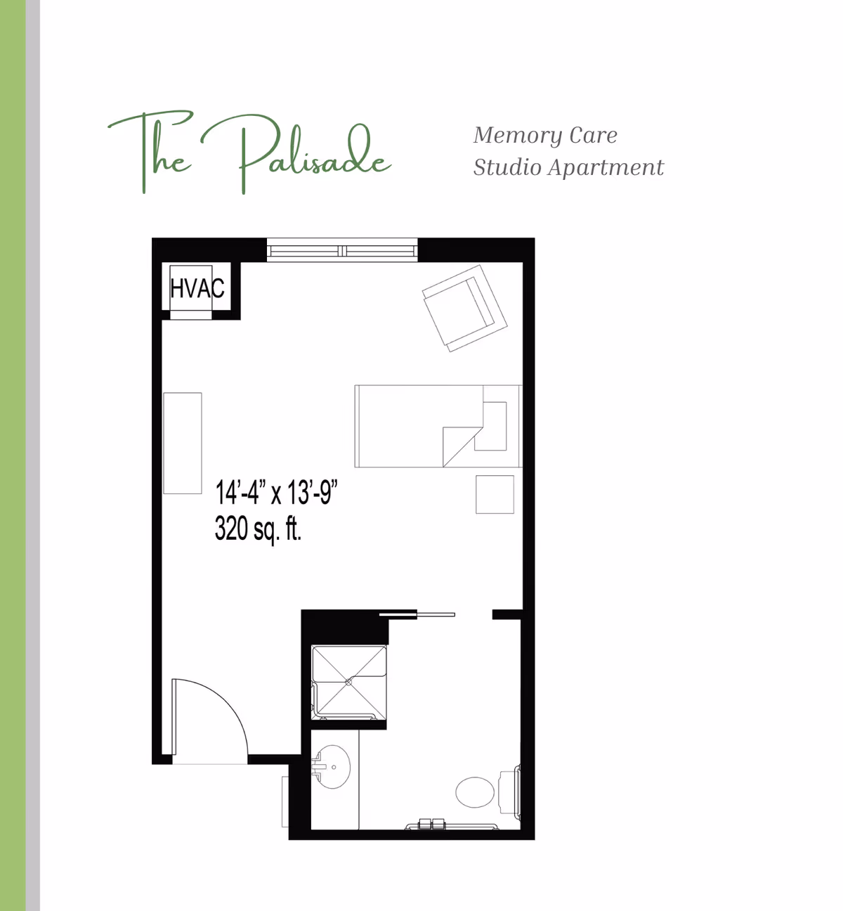 Floor plan of The Palisade Memory Care Studio Apartment at Bridgepointe at Ashgrove Woods, showing a 320 square foot layout with a main living and sleeping area, a bathroom with a shower, sink, and toilet, and an HVAC closet.
