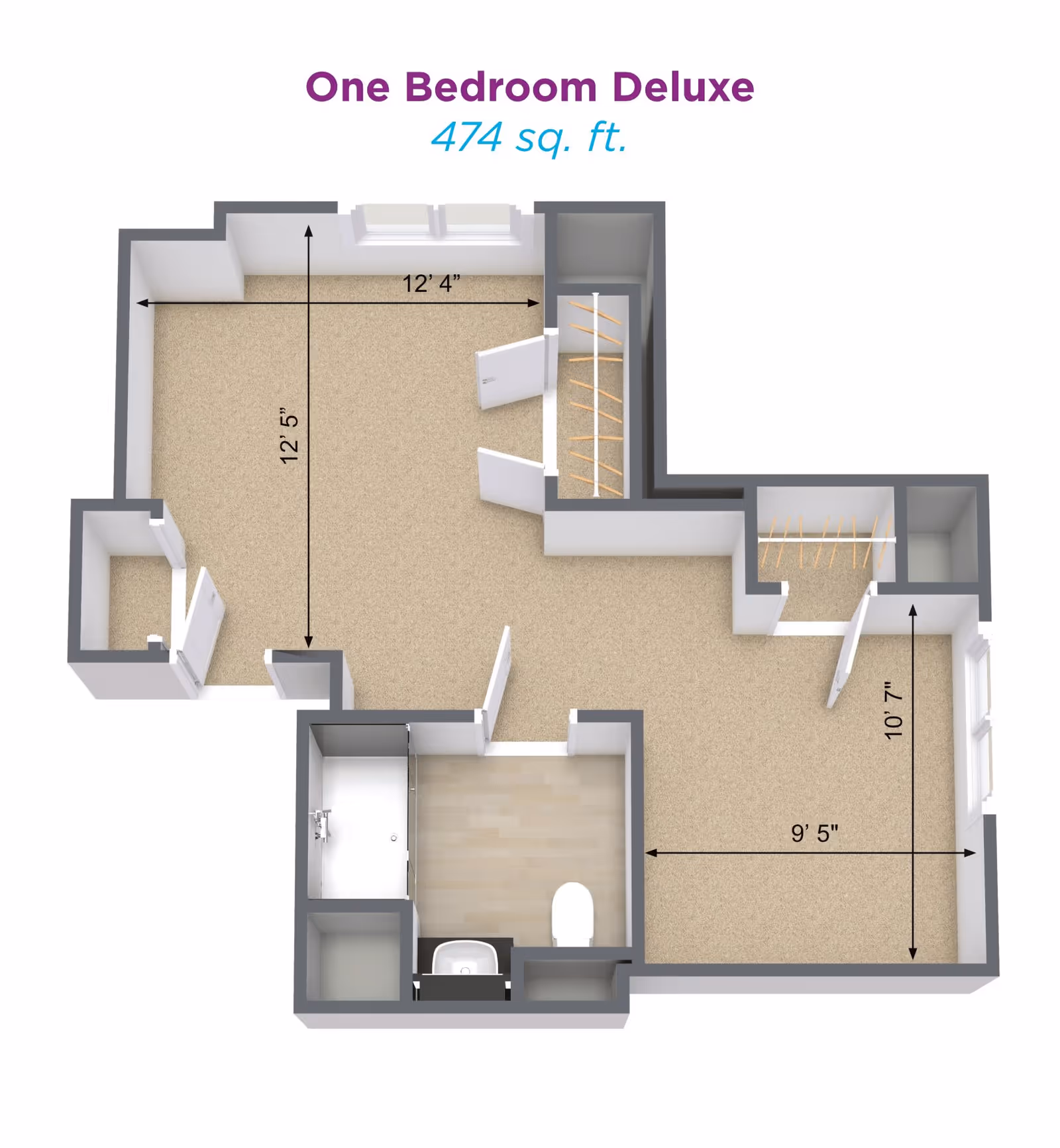 3D floor plan of a one-bedroom deluxe apartment measuring 474 square feet, showing a bedroom, living area, bathroom, and closets with dimensions labeled.