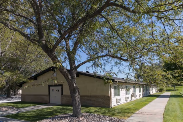 Single-story health care center building with a large tree, landscaped lawn, and a sidewalk under a clear blue sky.