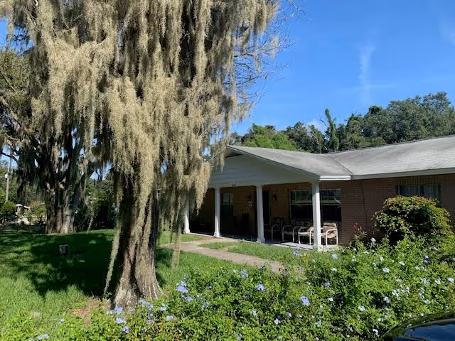 Single-story brick building with a covered porch and chairs, a large tree draped in Spanish moss, and flowering shrubs in the foreground.