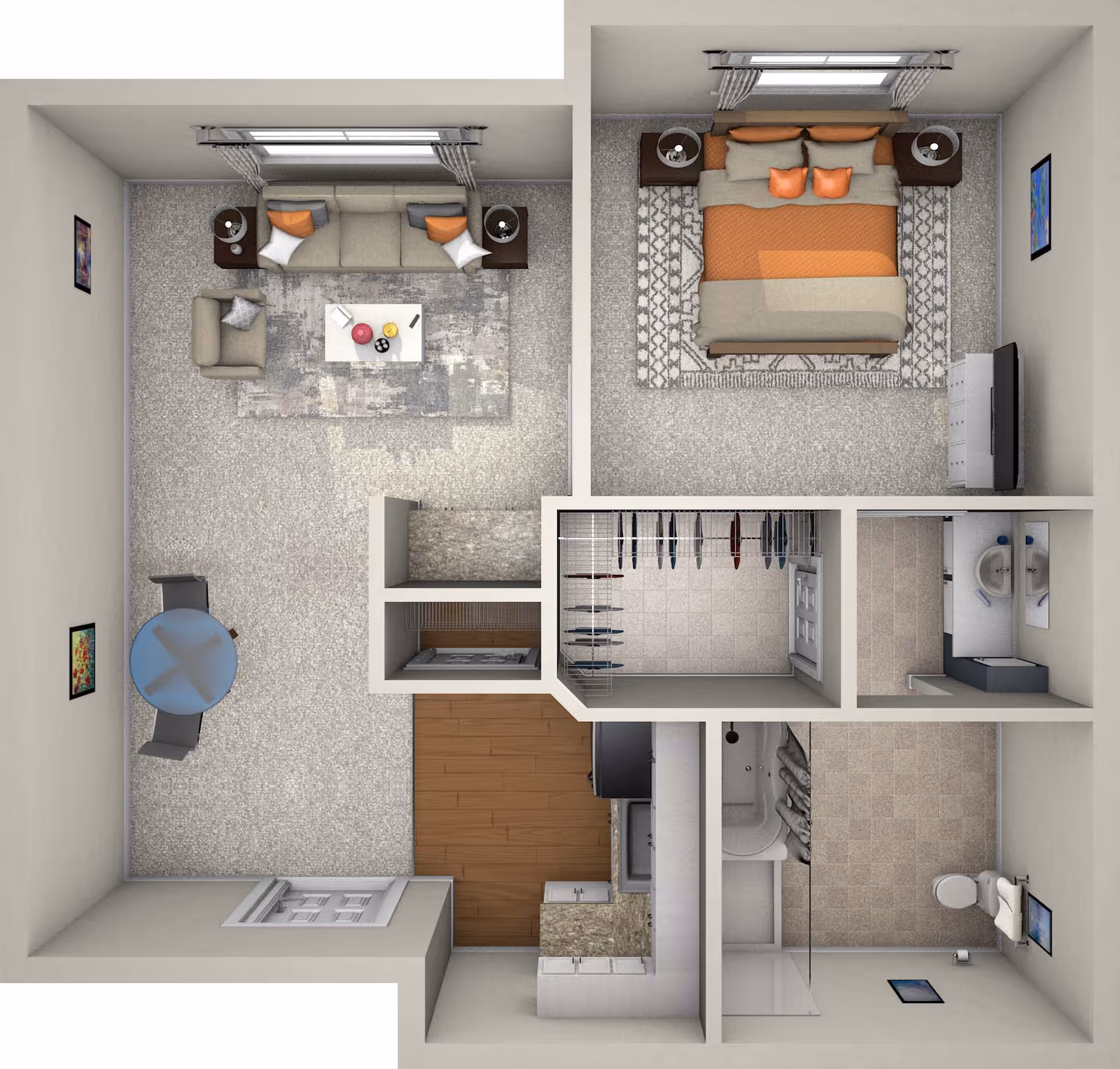 Top-down rendered floor plan of a one-bedroom assisted living apartment with a living room, bedroom, kitchen, bathroom and walk-in closet.