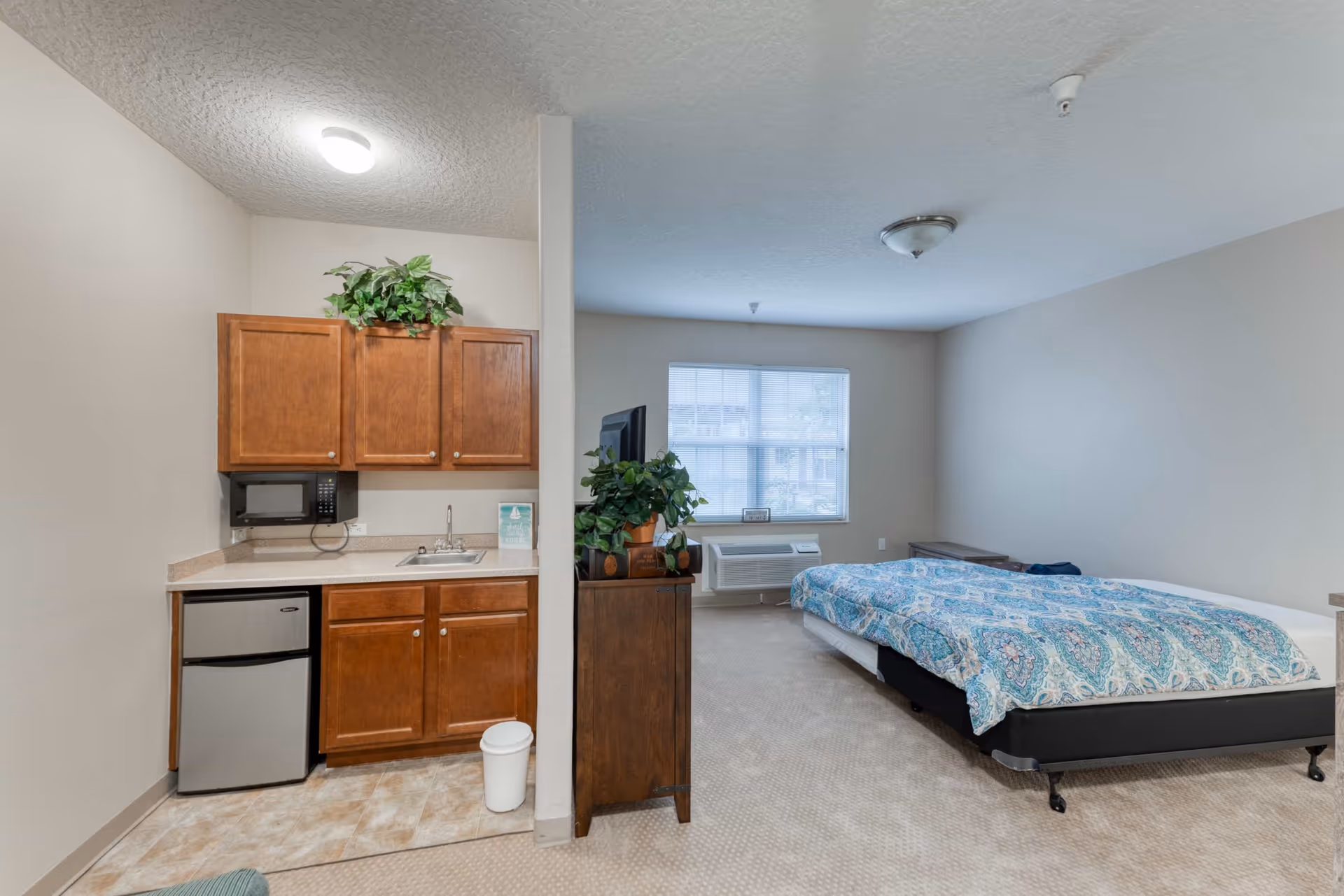 Studio apartment room with a bed, dresser and TV, and a small kitchenette with sink, cabinets and mini-fridge.