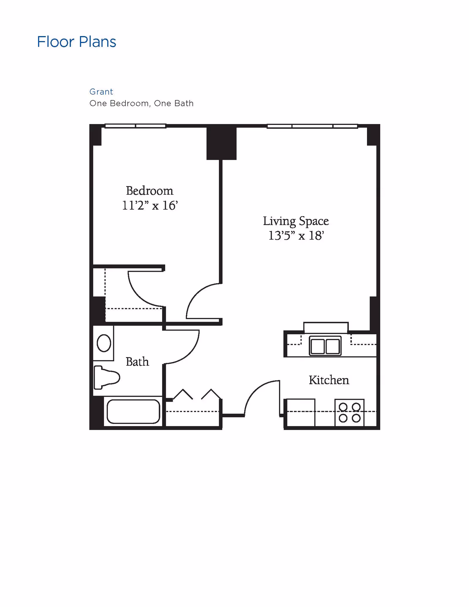 Floor plan labeled Grant showing one bedroom measuring 11 feet 2 inches by 16 feet, one bathroom, a living space measuring 13 feet 5 inches by 18 feet, and a kitchen area with a stove and sink.