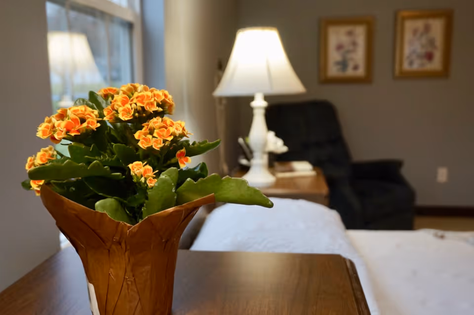A potted orange flowering plant sits on a table in a softly lit room with a bedside lamp, recliner and framed pictures.