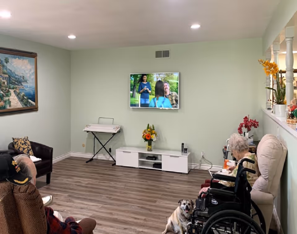 A cozy living room with light green walls and wood flooring. Two elderly people are seated, one in a wheelchair and the other in a chair, watching a wall-mounted TV. A small dog is sitting on the floor near the wheelchair. The room has a white TV stand with a vase of flowers, an ironing board, a painting on the wall, and decorative plants on a half wall divider.