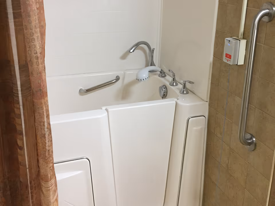 A walk-in bathtub with a door for easy access, equipped with a handheld showerhead, faucet, and grab bars on the wall for safety. The bathtub is surrounded by tiled walls and a patterned shower curtain is partially visible on the left side.