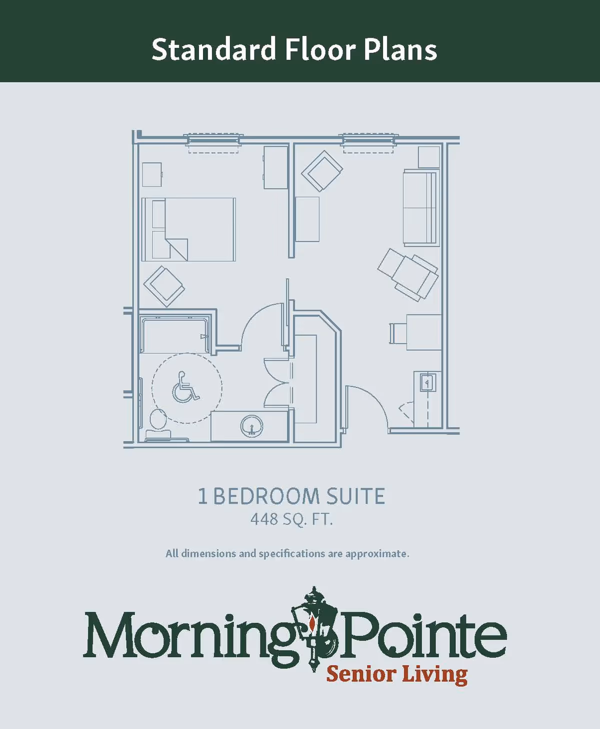 Blueprint-style floor plan for a 1-bedroom, 448 sq. ft. suite showing a bedroom, living area, bathroom and kitchenette with the Morning Pointe logo.