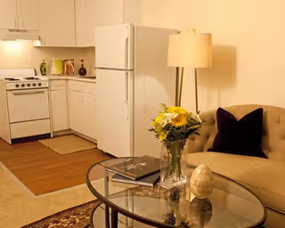 A small combined kitchen and living area with a white refrigerator and stove, cabinets, a sofa, glass coffee table with a vase of flowers, and a floor lamp.