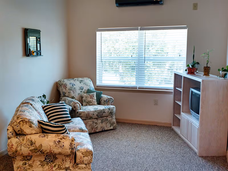 A cozy living room with a floral patterned sofa and matching armchair, both adorned with striped and solid cushions. A window with white blinds lets in natural light. Across from the seating is a light-colored wooden entertainment unit holding a small TV and several potted plants on top. The room has beige carpeting and light-colored walls.