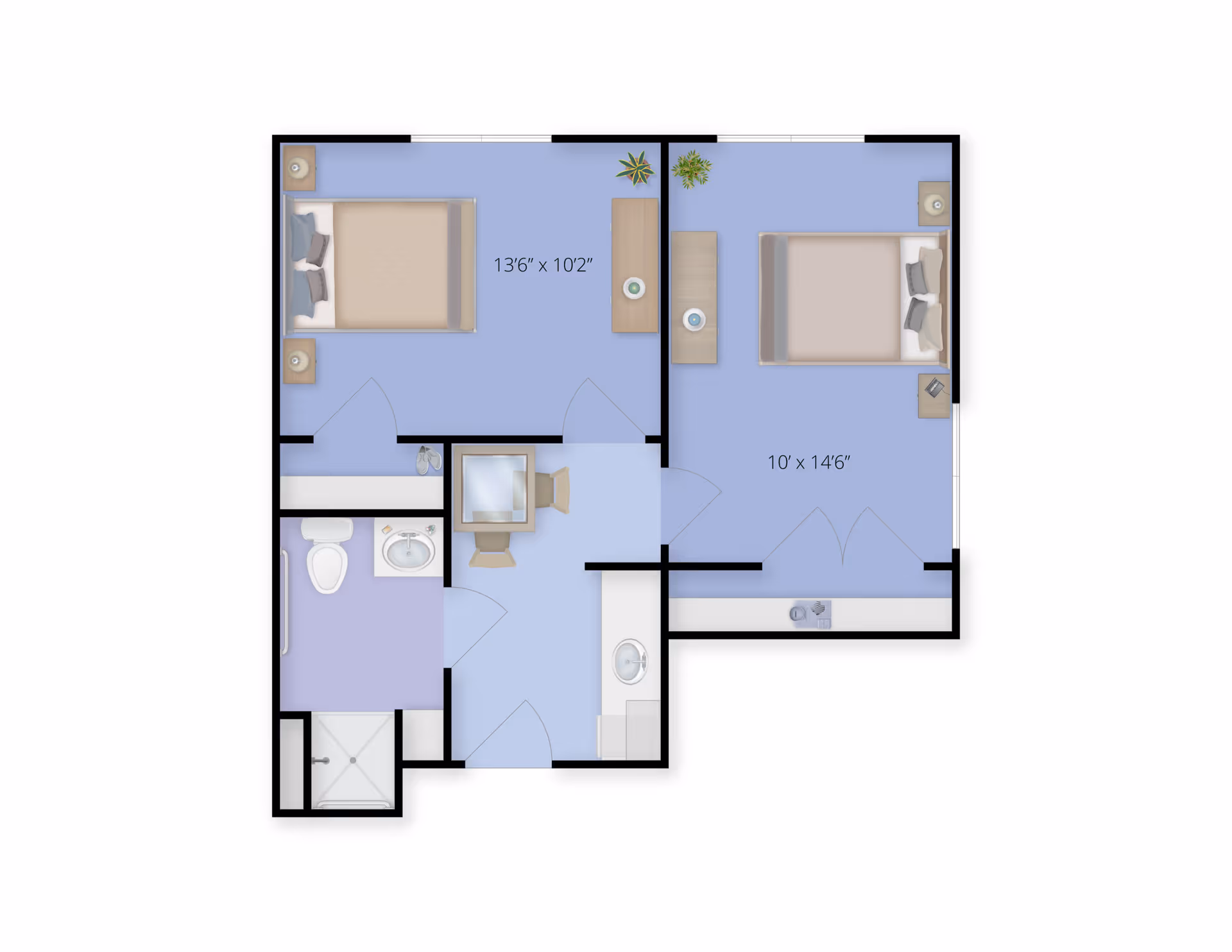 Floor plan of a living space at Juniper Village at Monroeville showing two bedrooms, a bathroom with a toilet, sink, and shower, and a central area with a chair and desk. The bedrooms are labeled with dimensions 13'6" x 10'2" and 10' x 14'6" respectively.