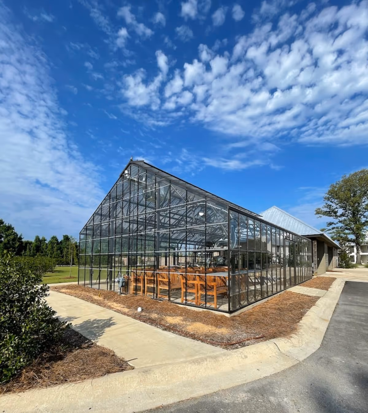 A large glass greenhouse with wooden benches inside sits beside a paved walkway under a blue sky.