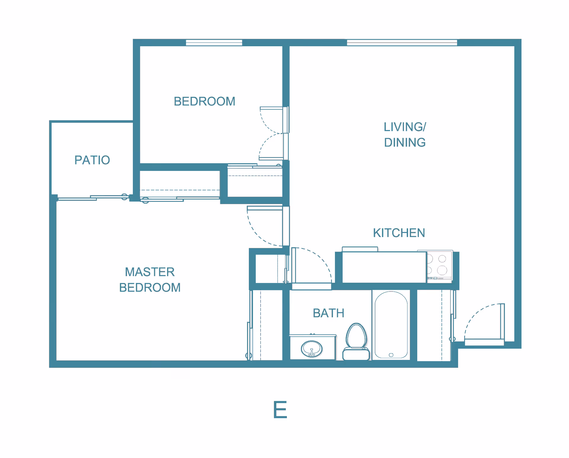 Floor plan layout of an apartment at Solista Milwaukie by Cogir showing a master bedroom with patio access, a second bedroom, a combined living and dining area, a kitchen, and a bathroom with a sink, toilet, and bathtub.