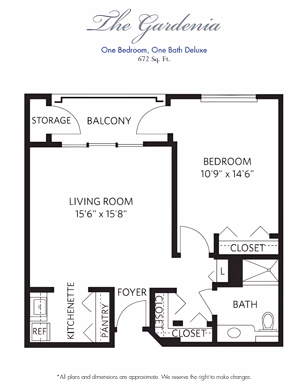 Black-and-white floor plan titled 'The Gardenia' for a one-bedroom, one-bath 672 sq. ft. apartment showing a living room, bedroom, bath, kitchenette, pantry, closets, balcony and storage.