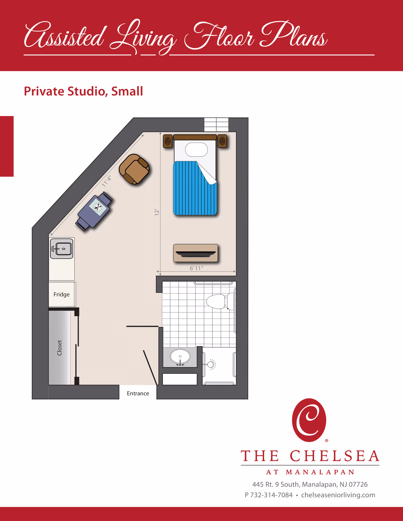 Floor plan of a small private studio assisted living unit showing an entrance leading to a combined living and sleeping area with a bed, armchair, table with two chairs, kitchenette with fridge and sink, closet, and a bathroom with a shower, toilet, and sink.