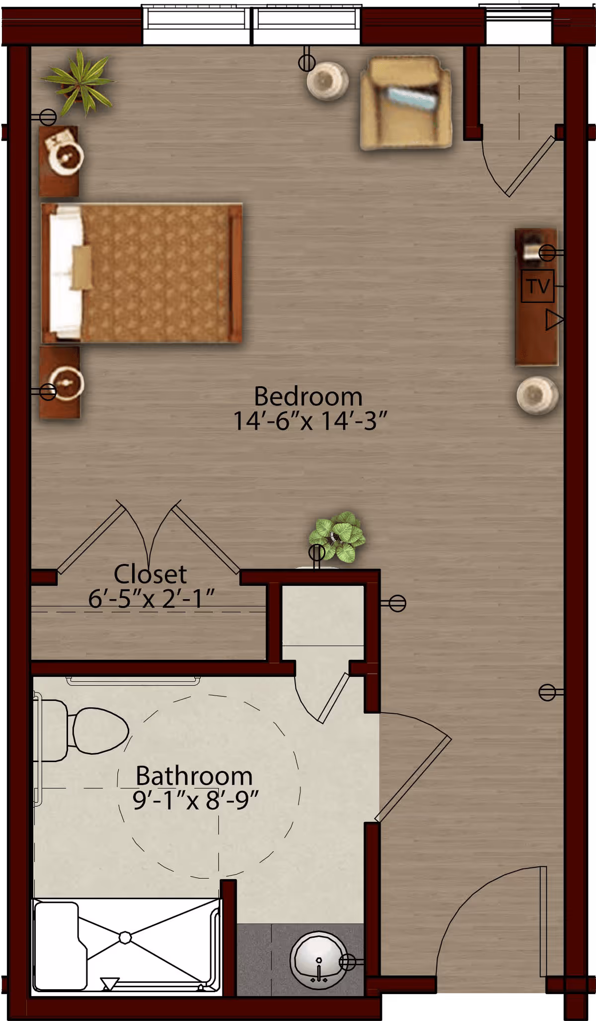 Floor plan of a bedroom and bathroom area in a senior living facility. The bedroom measures 14 feet 6 inches by 14 feet 3 inches and includes a bed, two nightstands with lamps, a chair, a TV on a stand, and two plants. The closet is 6 feet 5 inches by 2 feet 1 inch. The bathroom measures 9 feet 1 inch by 8 feet 9 inches and contains a toilet, a sink, and a shower. Doors and windows are also shown in the layout.