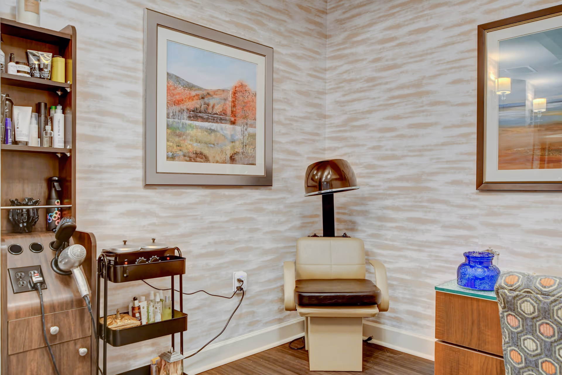 A small salon corner with a beige hooded hair dryer and chair, styling cart, shelves of products, and framed artwork on patterned walls.