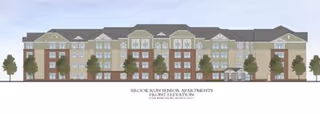 Architectural front elevation drawing of Brook Run Senior Apartments, showing a multi-story building with a combination of brick and siding exterior, multiple windows, and several trees in front.