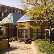 Outdoor courtyard area with brick buildings featuring large windows and green metal roofs, surrounded by landscaped plants, flowers, and trees with yellow leaves under a clear sky.