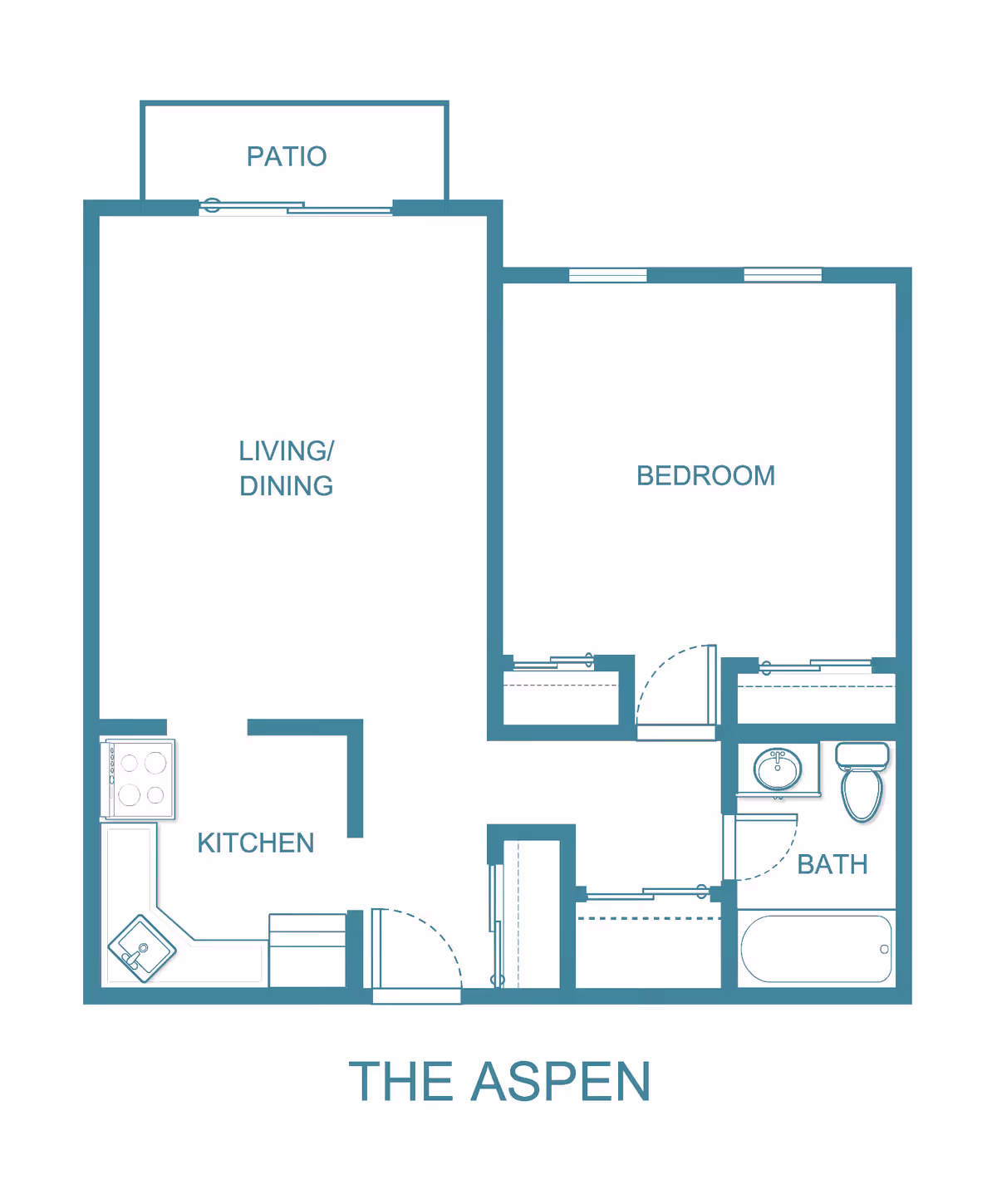 Floor plan of The Aspen unit at Cedar Woods showing a layout with a kitchen, living/dining area, bedroom, bathroom, and patio.