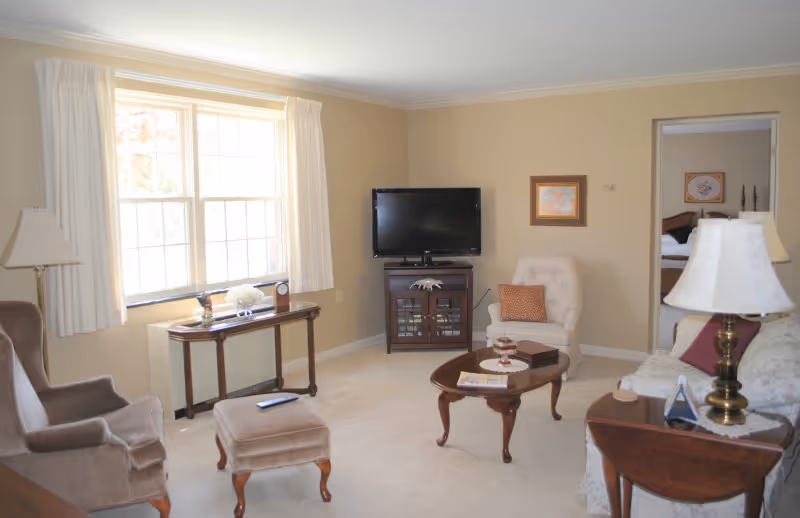 Cozy living room with a large window, TV on a stand, armchairs, sofa and a central coffee table.