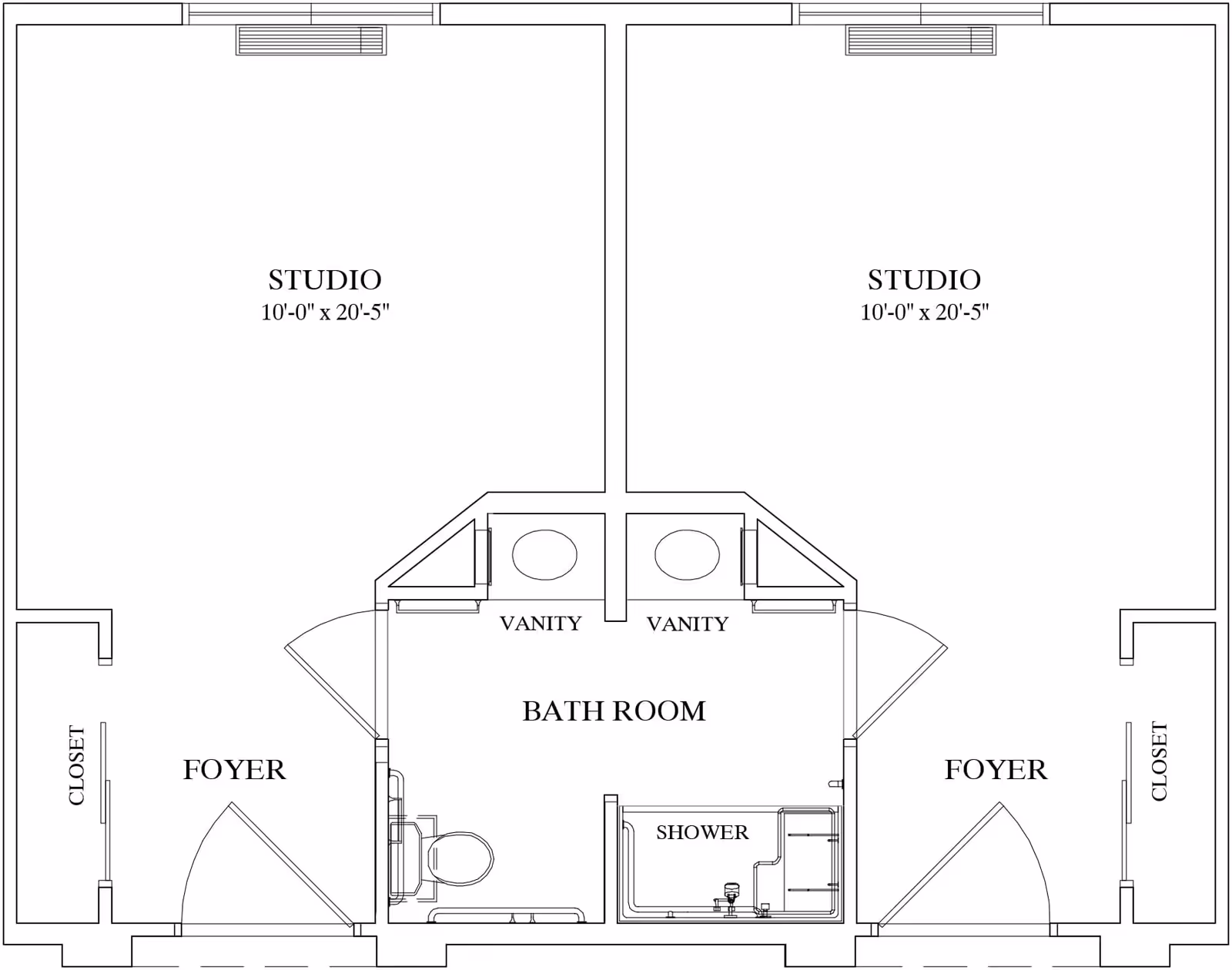 Architectural floor plan showing two adjacent studio apartments each measuring 10 feet by 20 feet 5 inches. Each studio has a foyer with a closet and shares a central bathroom area with two vanities, a toilet, and a shower.